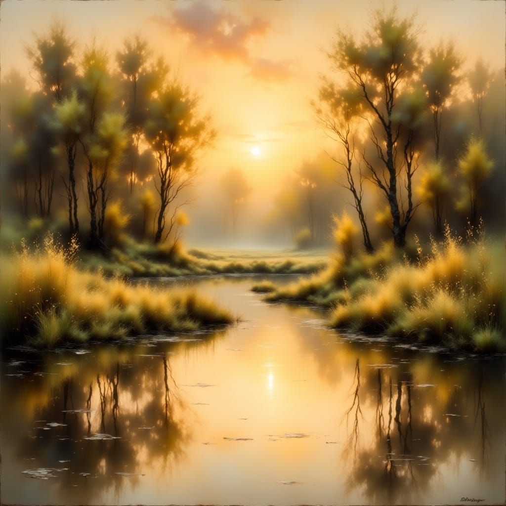 Hyper realistic oil painting. Medium shot. A pond . Atmospheric perspective. Warm golden light shines through misty atmosphere. Trees reflec...