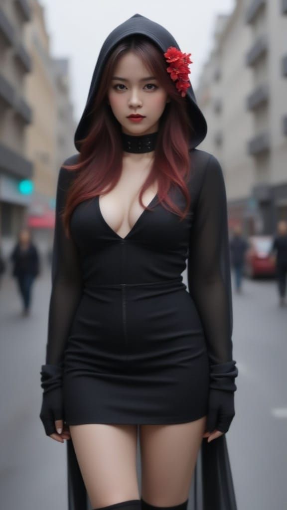 <lora:Hazy Portrait:1.0> Hazy portrait. Full body of striking woman with crimson locks is adorned in a mysterious black hood embellished wit...