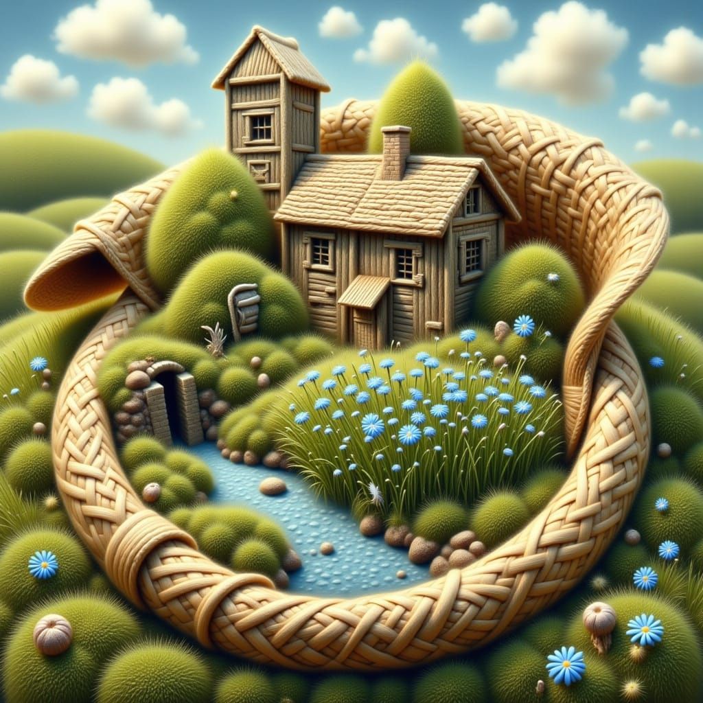 <lora:straw:1.0> close-up of a lady's straw boater hat with a microcosm of a rural landscape with a windmill, a field of blooming flax near ...