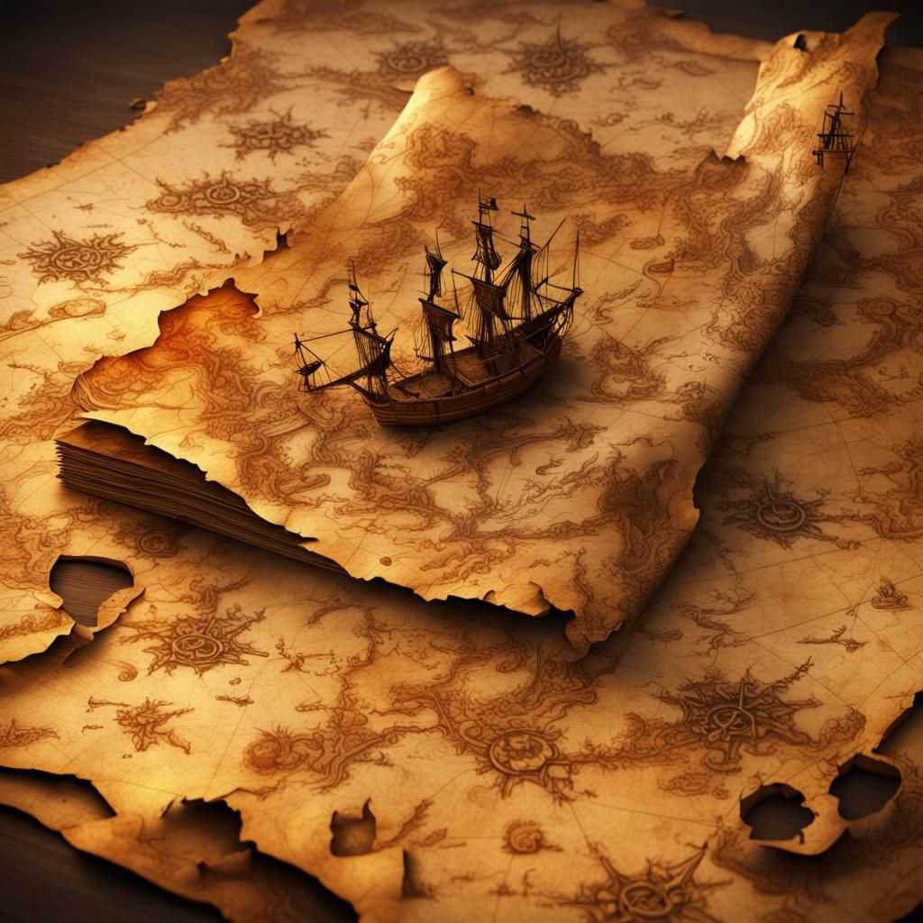 Old, burned up, treasure map 8k resolution, phot illustration ...