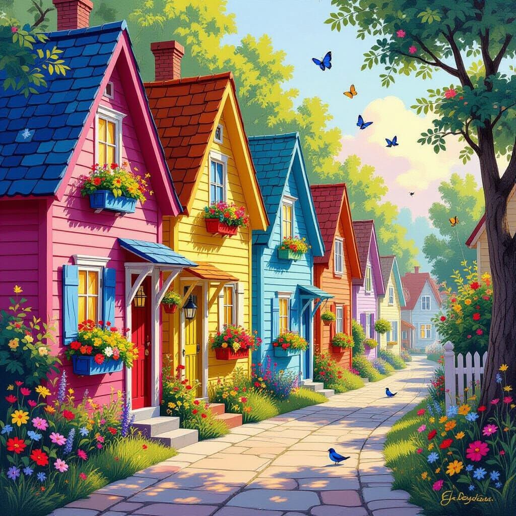 A painting of whimsical crooked houses in a row colorful with flower boxes in the windows butterflies and bluebirds flying all over little f...