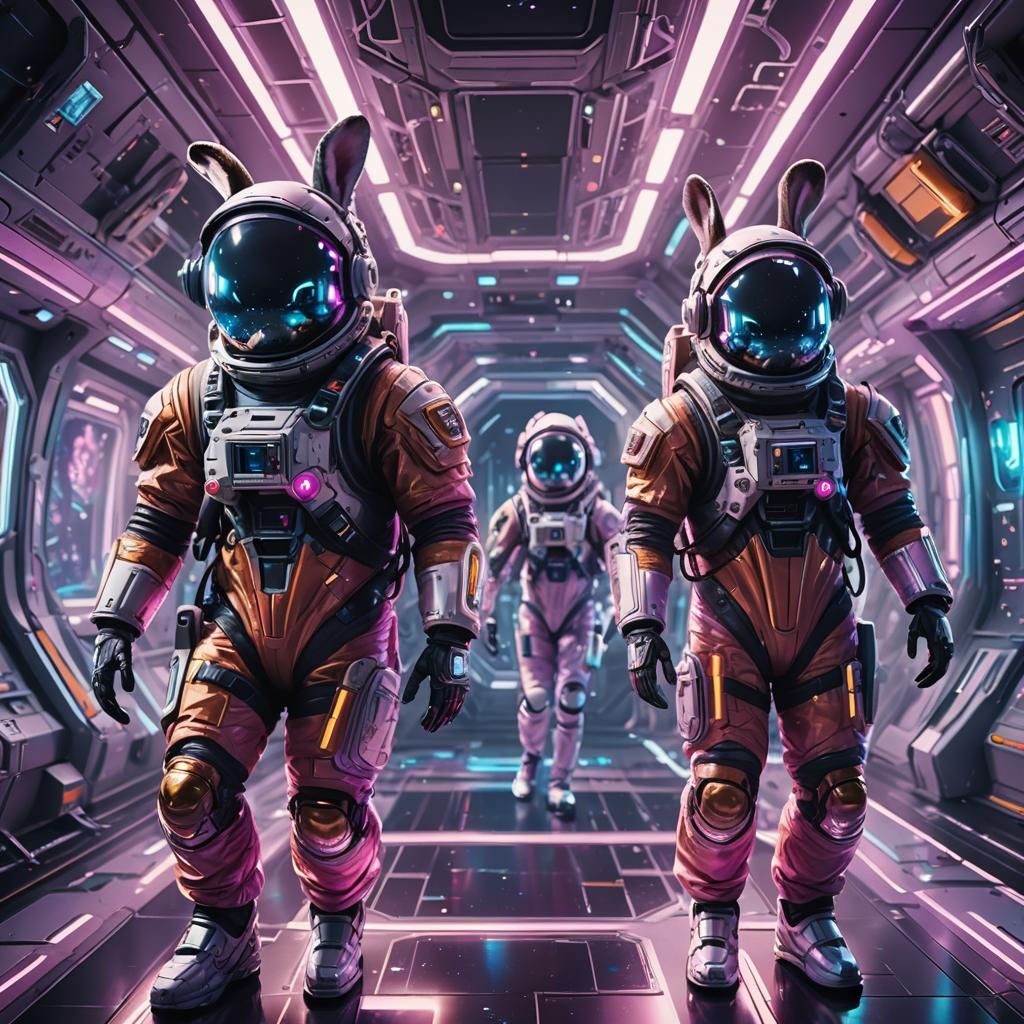 Rabbits in Space Suits Near Spaceship: Digital Art