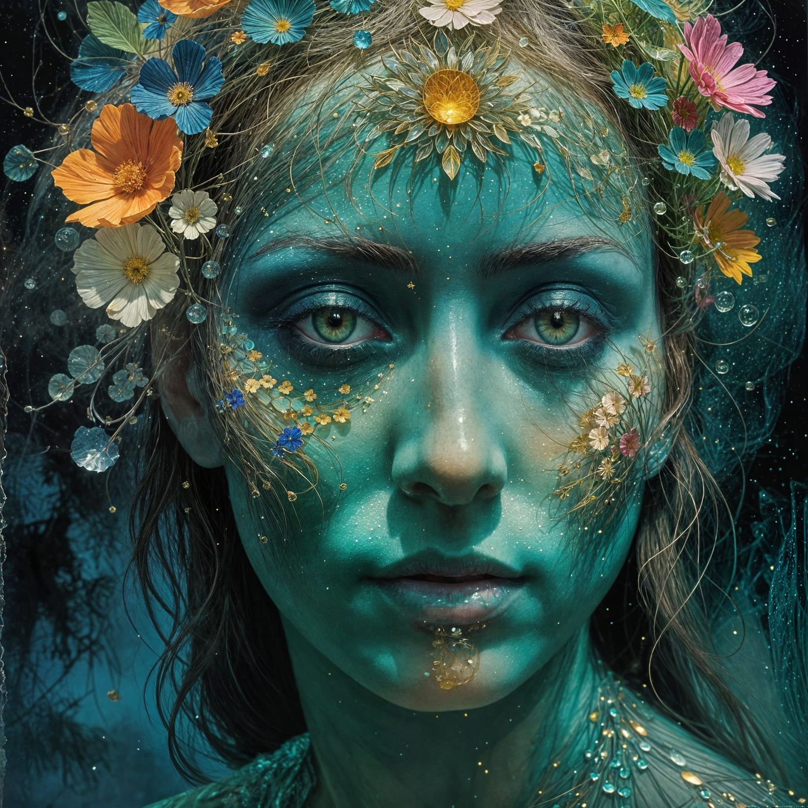 Ethereal Goddess of the Cosmos in Glowing Silver-Green Hues