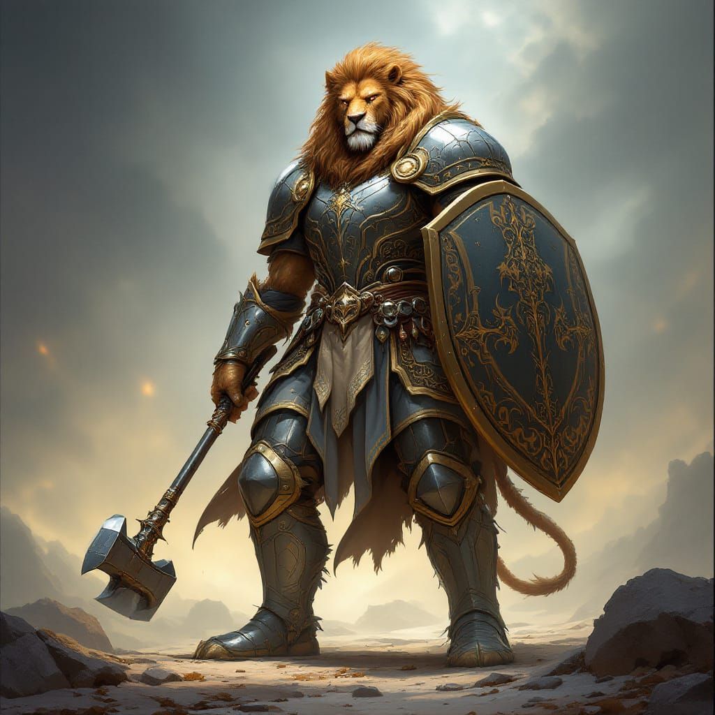 A DnD fantasy style image of a towering bipedal lion male paladin stands with imposing strength, his muscular frame encased in gleaming plat...