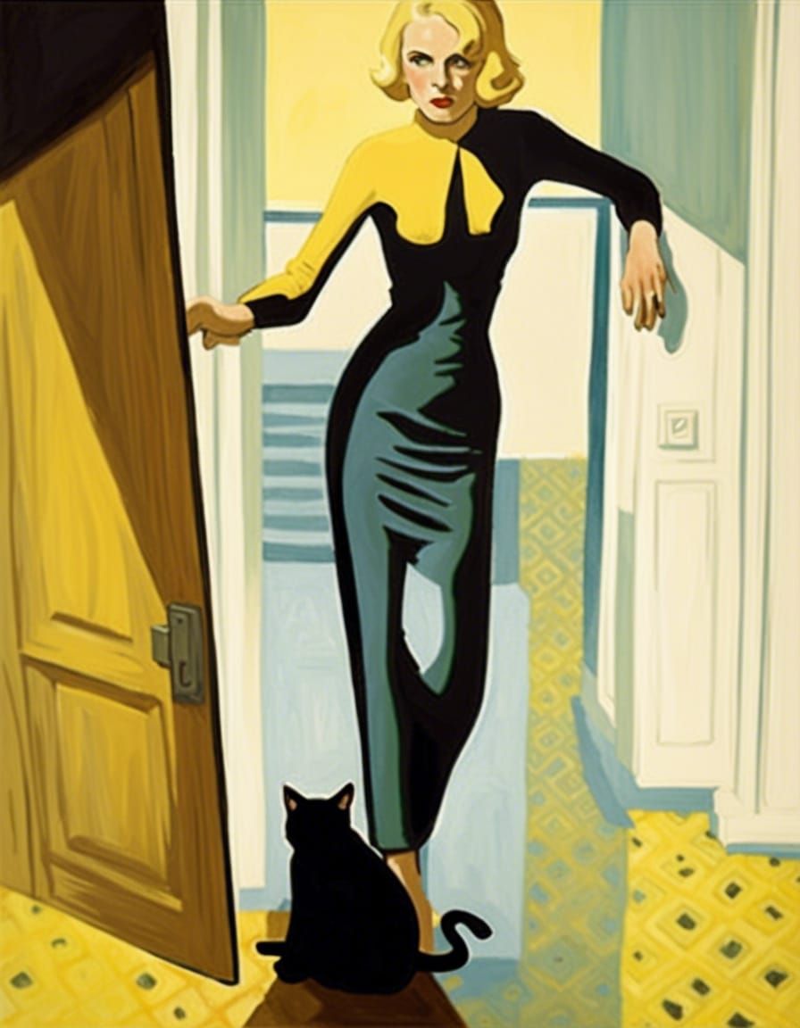 Blonde woman with black cats art deco Edward Hopper black an...