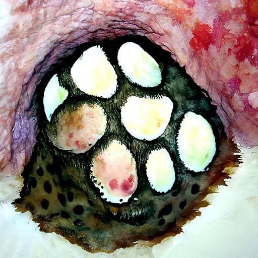 Watercolored painting of trypophobia cat face burrowed furry...