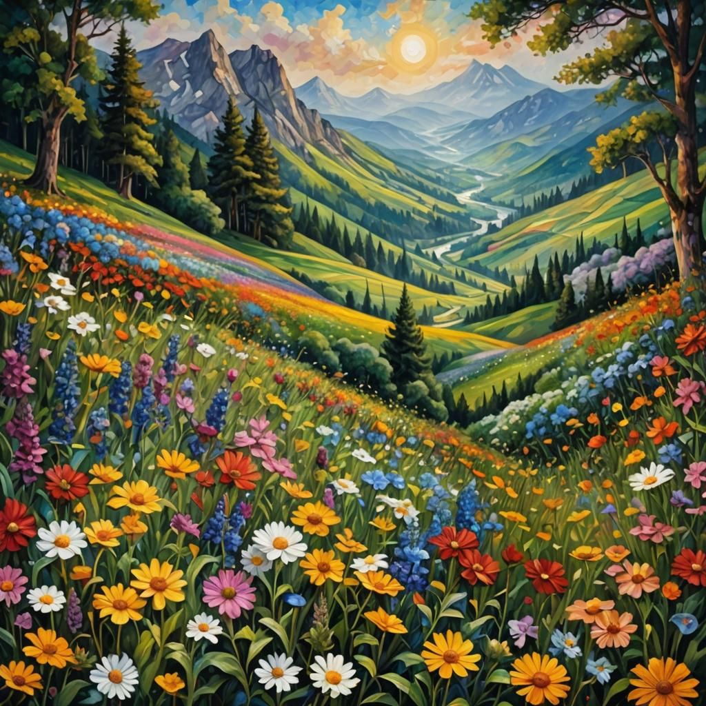 "Field of Mountain Flowers" epic beautiful masterpiece by Ja...