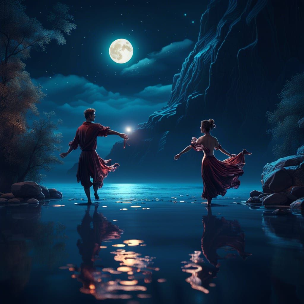 two lovers dancing under moonlight with a luminescent river  by @Valerie_A