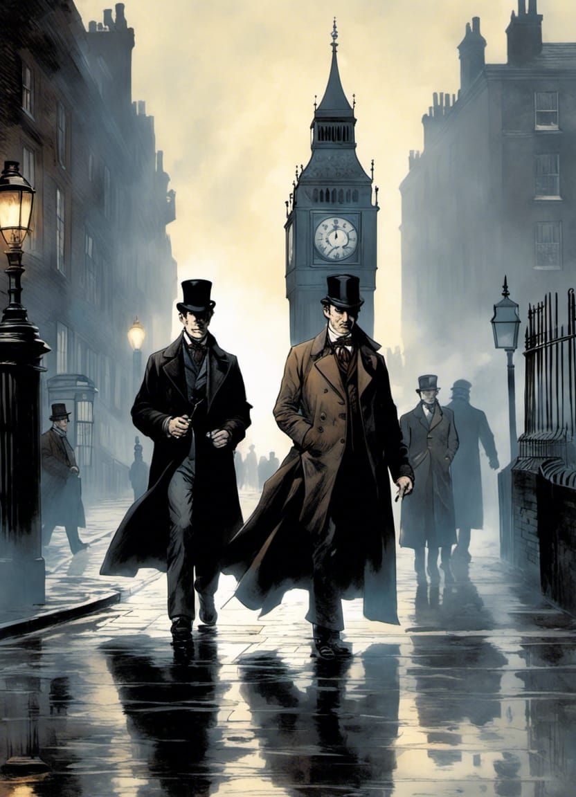 Sherlock Holmes and Dr Watson on a foggy day in 1880 London   by @Sunil