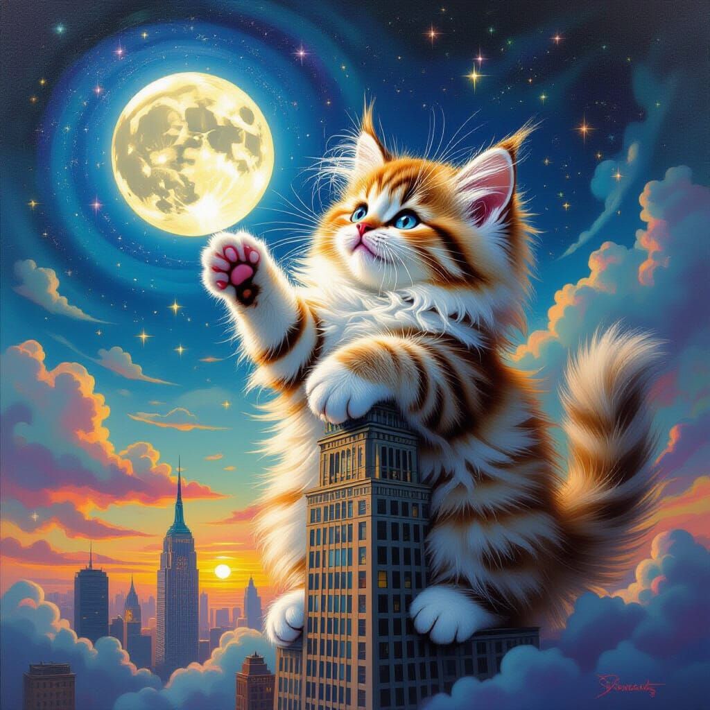 A colossal kitten, larger than any skyscraper, playfully bats at a moon that hangs low in the night sky. ...  by @Momagirl14