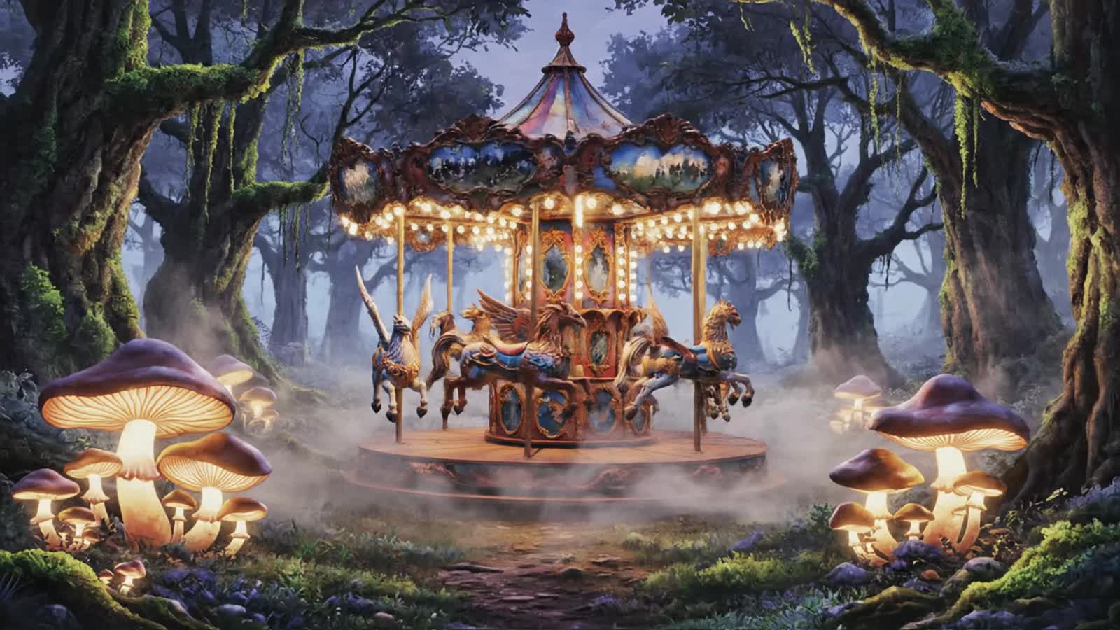 A vintage carousel, painted in vibrant, chipped colors, features mythical creatures like griffins and phoenixes as its s...