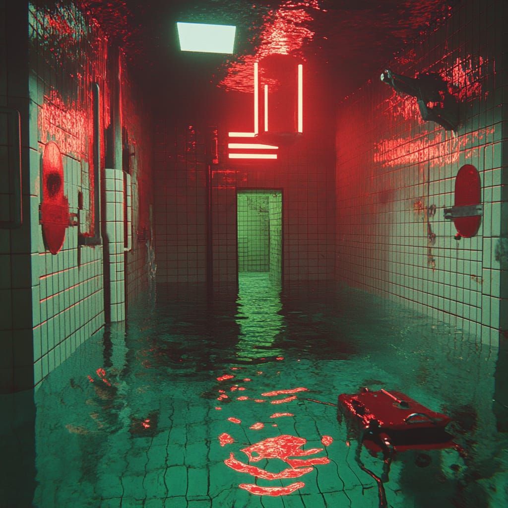 Liminal 80s horror movie scene: A red suitcase floating on the water in half-submerged hallway of 
 an underwater research center