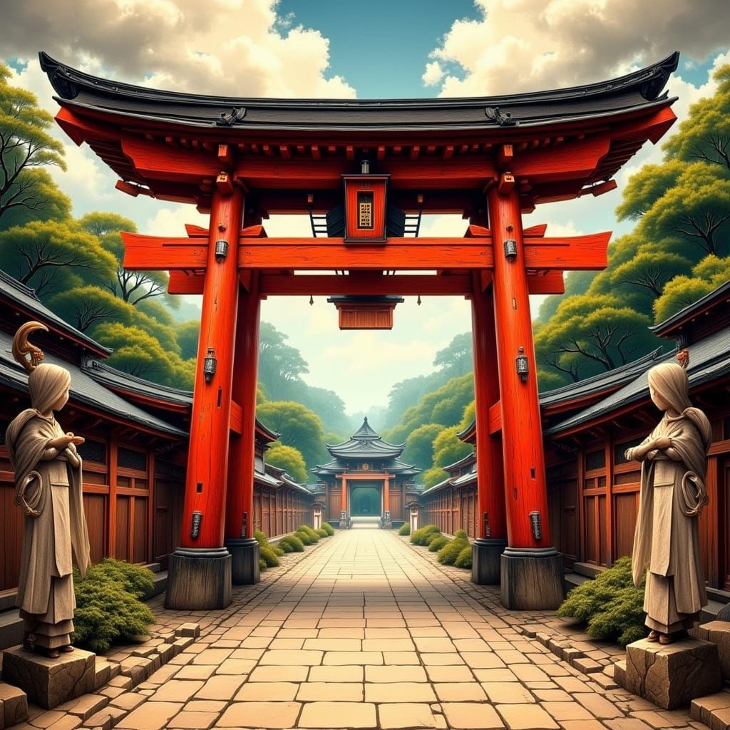 <lora:Flux Hyperreal:1.0> create a company logo that merge a coffee and a shinto tori gate into one unique logo