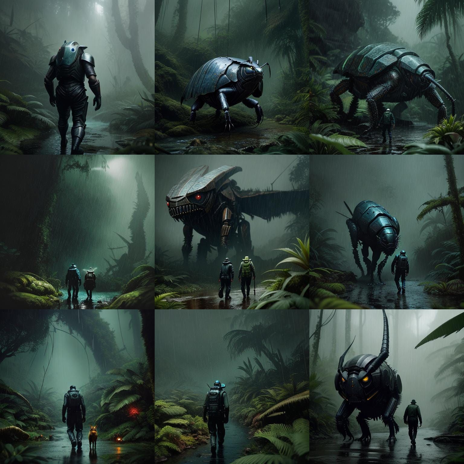 Barnacle bug boy walks past oily cat in the rain forest 