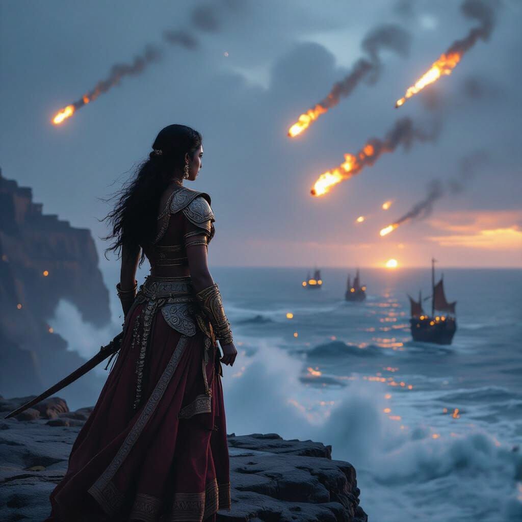 
A cinematic scene of a medieval Indian warrior princess standing resolutely at the edge of a cliff, overlooking a vast, turbulent sea. She ...