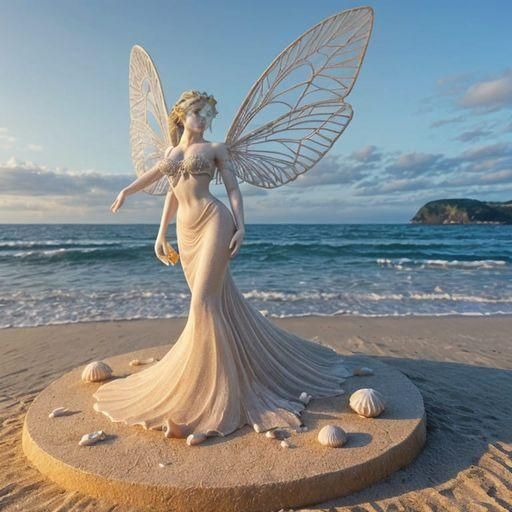 A fairy made completely out of sand, posing on the beach, looking out over the ocean, 3D. Seashells line the wings. Pearls are the fairy's e...
