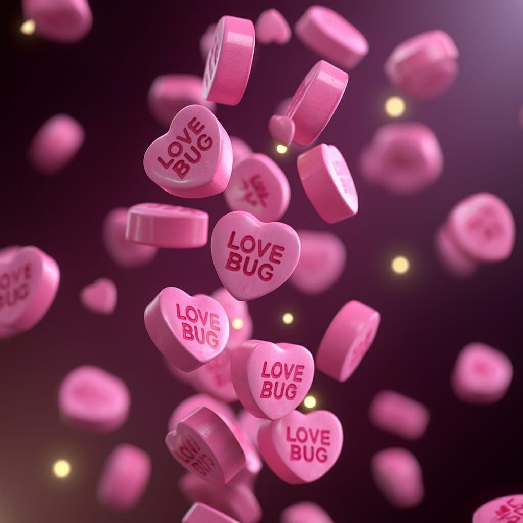 Pink conversation heart candies that say "Love Bug"  by @fischsuppe