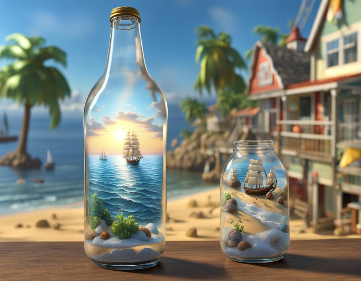 A large glass soda pop bottle containing a miniature seashore, sea and ...