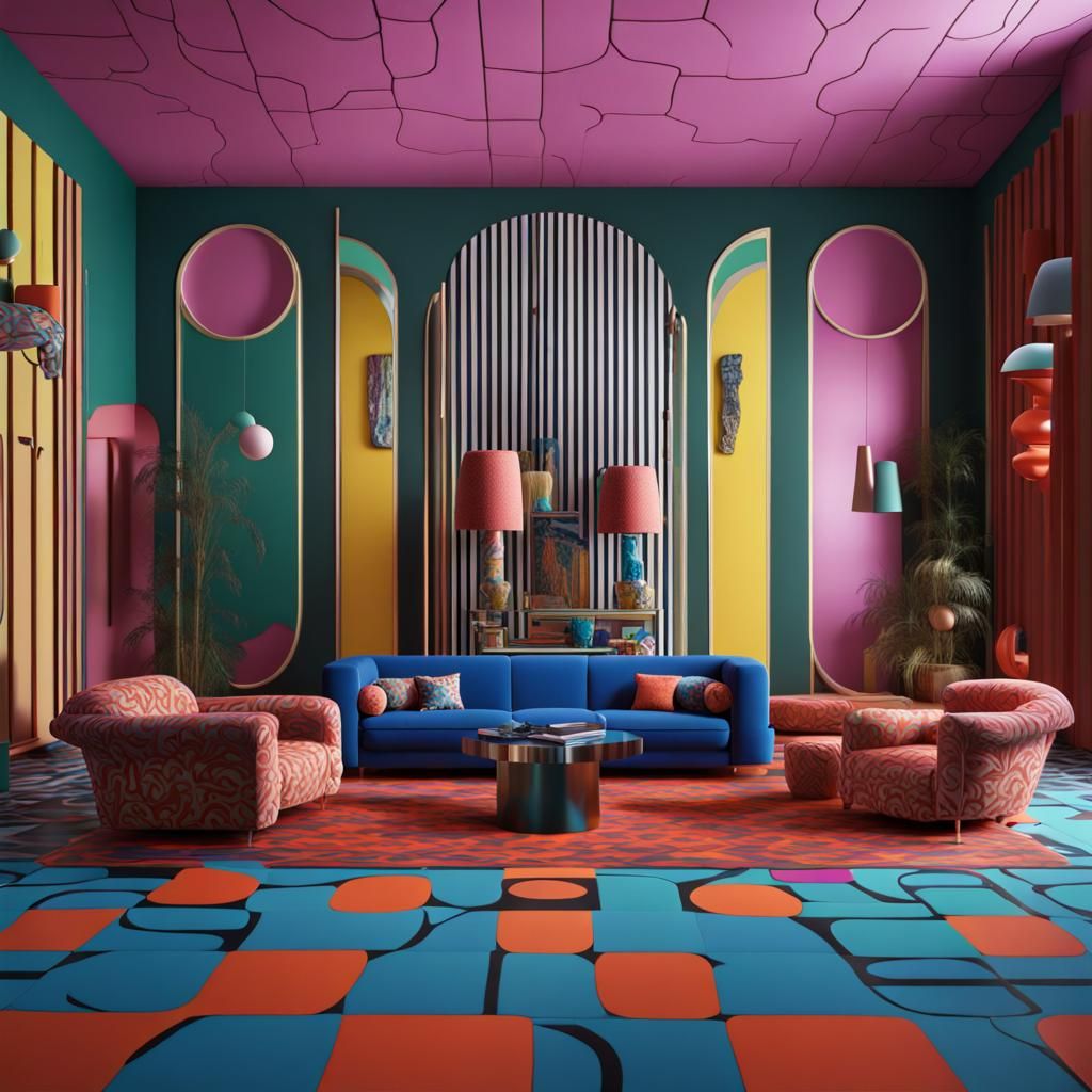 Ettore Sottsass patterned room with furniture 