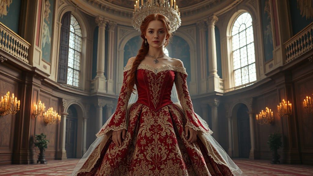 A beautiful queen stands regally. 