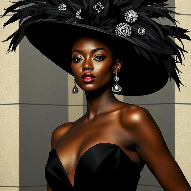 POISED BLACK WOMAN IN A DRAMATIC BLACK STRAPLESS GOWN AND AN...