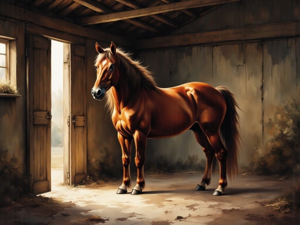 <lora:GAZLayeredArt:1.0> Horse in a stable