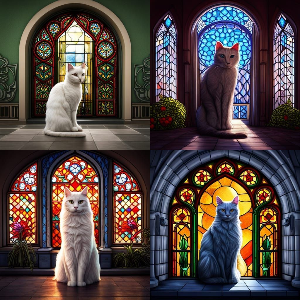 Stained glass window of a cat