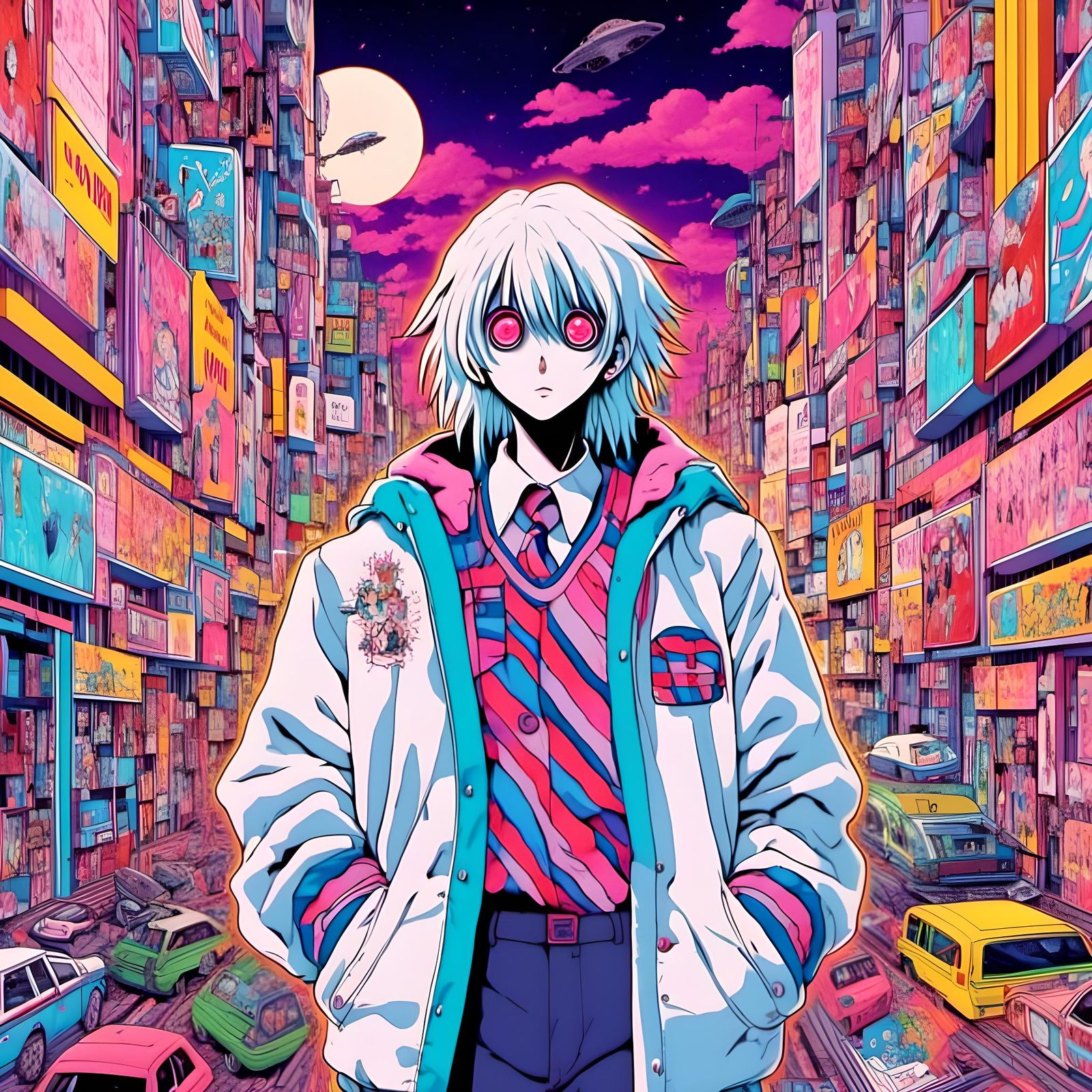 <lora:accent:1.0> retro | anime | horror  | surreal | maximalist | optical illusion | 90’s anime still