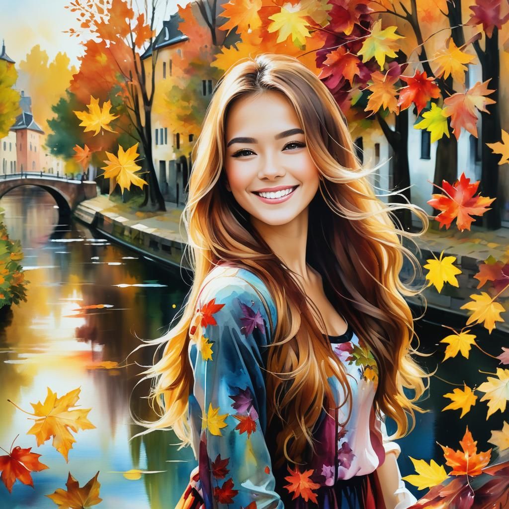 Woman by Canal in Autumn, Thick Oil Painting