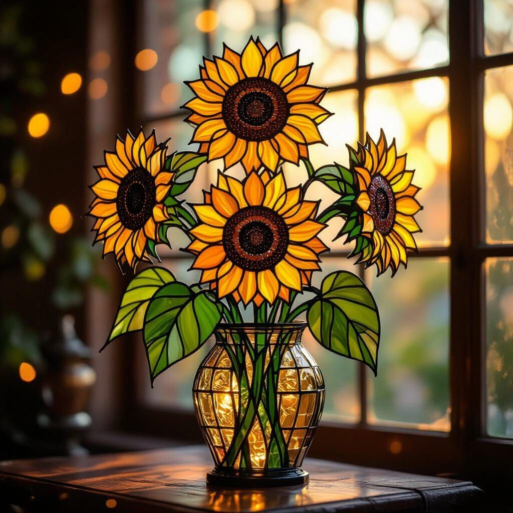 Stained glass rendering of Van Gogh's "Sunflowers"  by @Hipellis