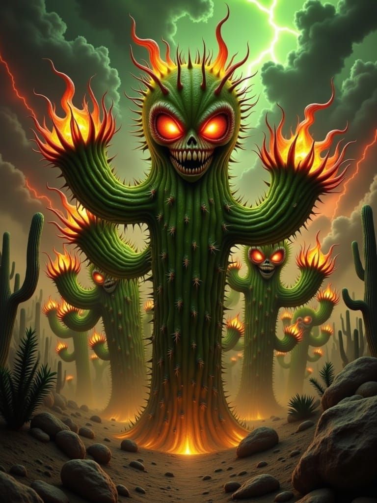 Furious Cactus Army Marching at Dusk -
Imagine a surreal desert battlefield where an army of anthropomorphic cacti marches in perfect unison...
