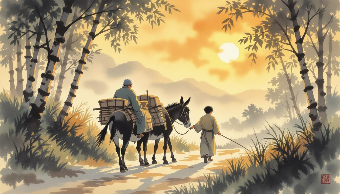 Shepherd Boy Leads Donkey with Old Man in Golden Hour