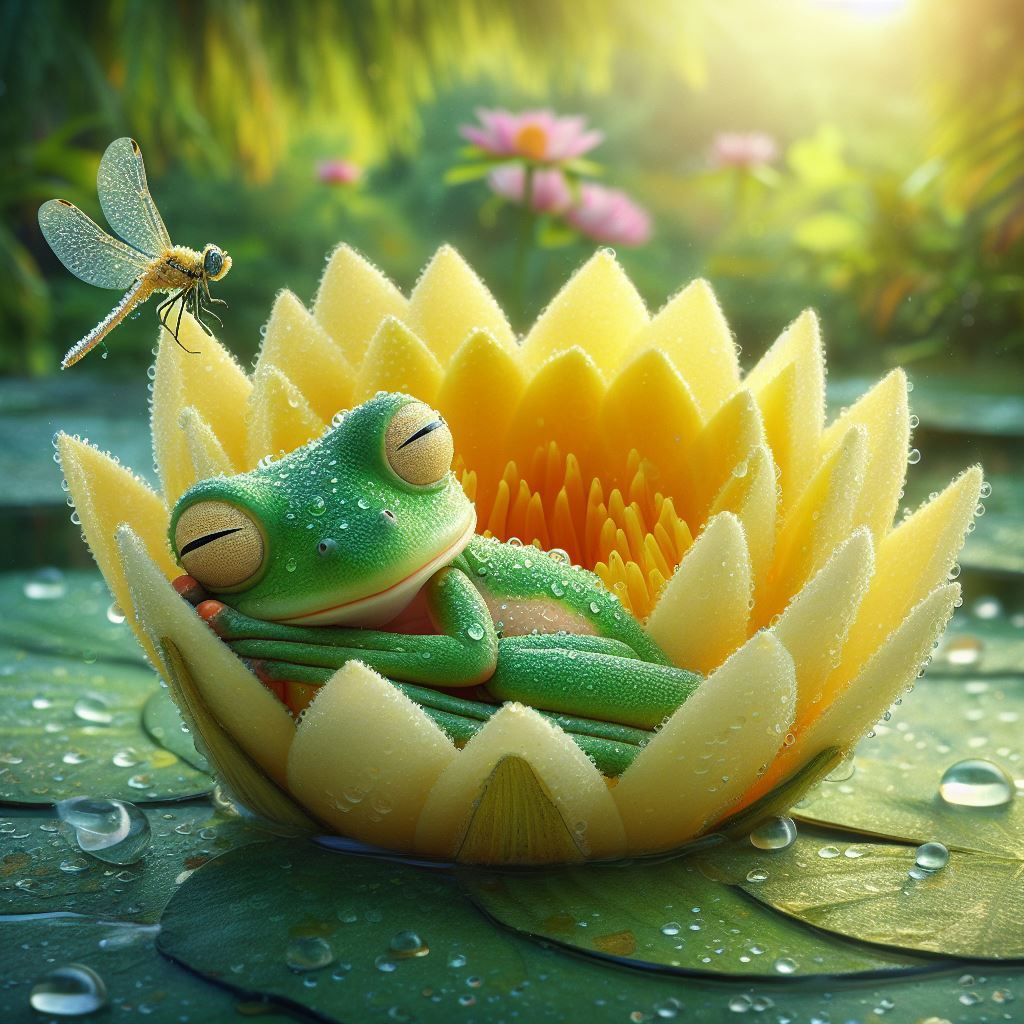 Sleeping Frog in a Yellow Lotus flower