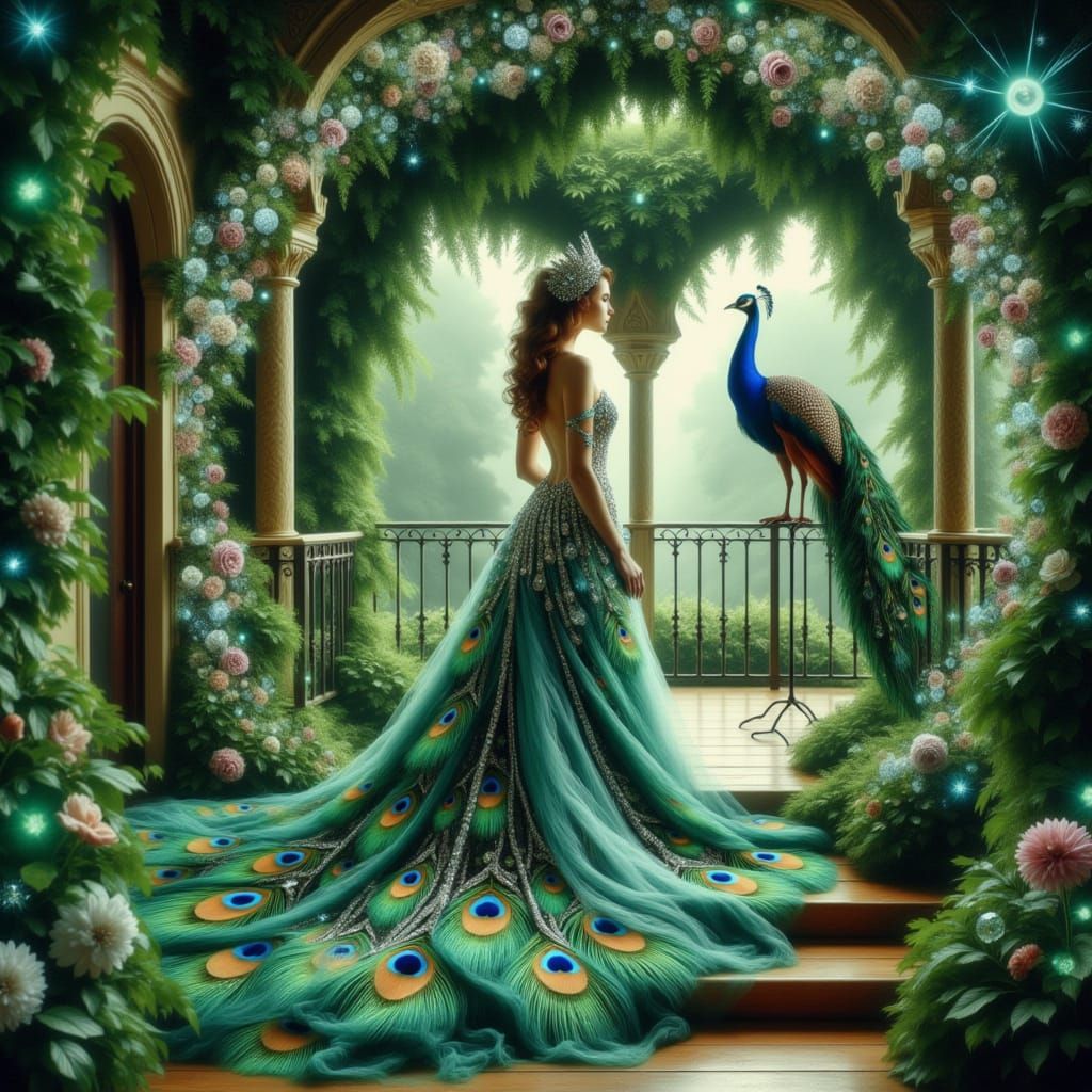 Девушка в беседке с павлинами 