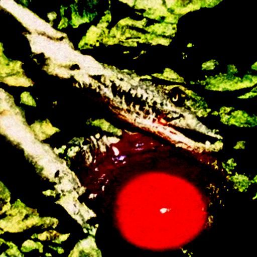 a stream of bright red blood in a tunnel lined with alligato...