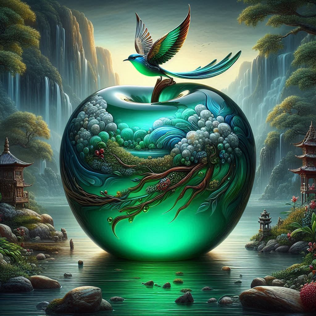 enameled emerald apple in waterfall landscape, dream art fantasy  by @aurora-nova1