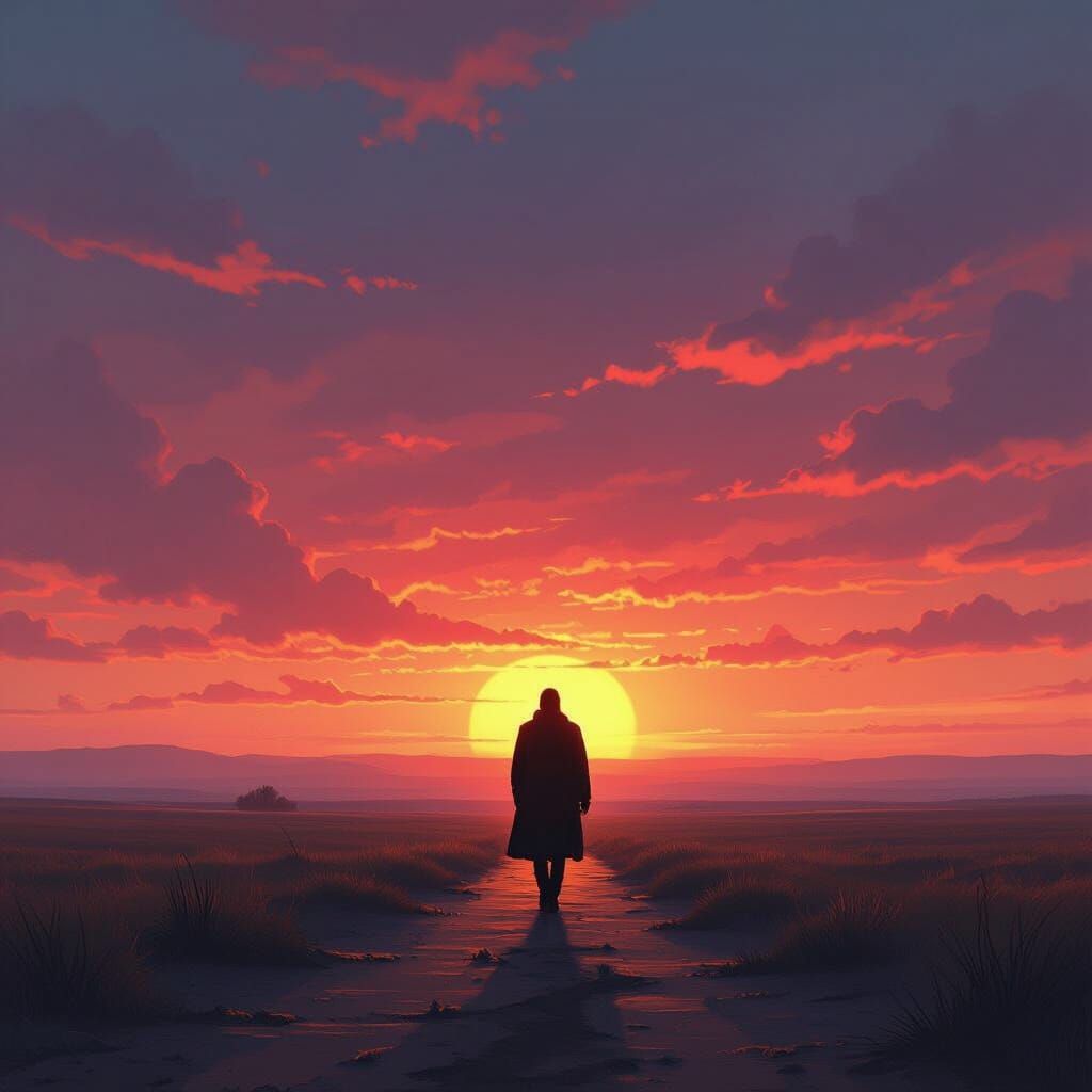 Lone Figure Walking Towards a Horizon at Sunset