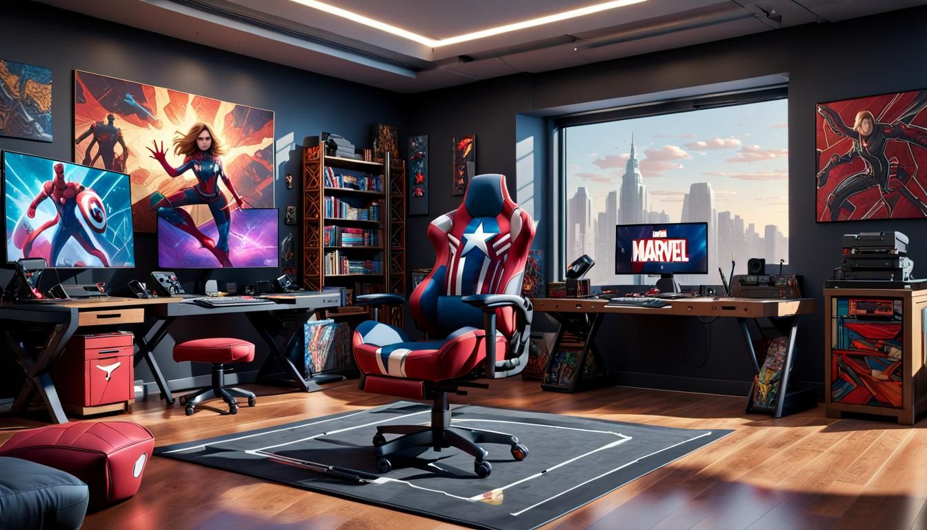 a spacious room, modern architecture, a bed, a gamer chair, a desk, a computer, with a ms, marvel theme, ...  by @Alpesh
