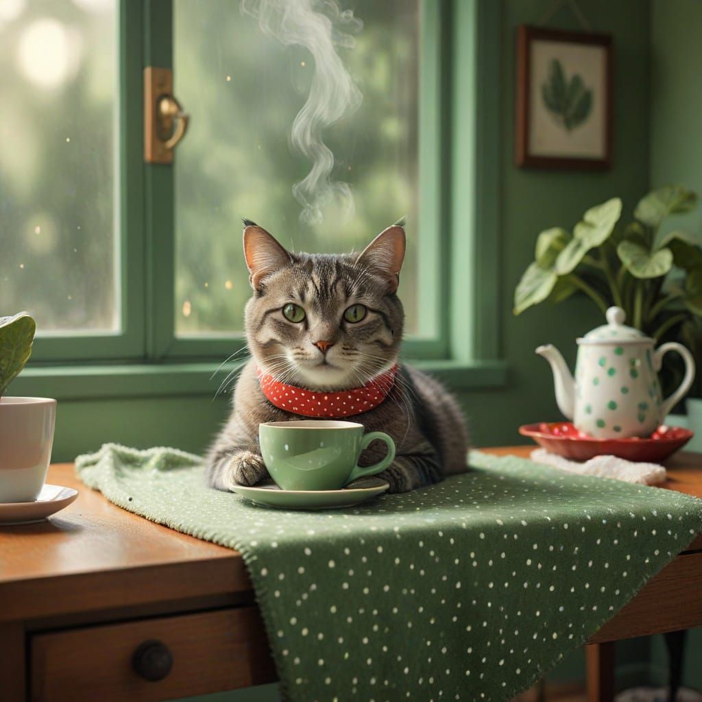 Cozy Cat Illustration with Polka Dots and Warm Lighting