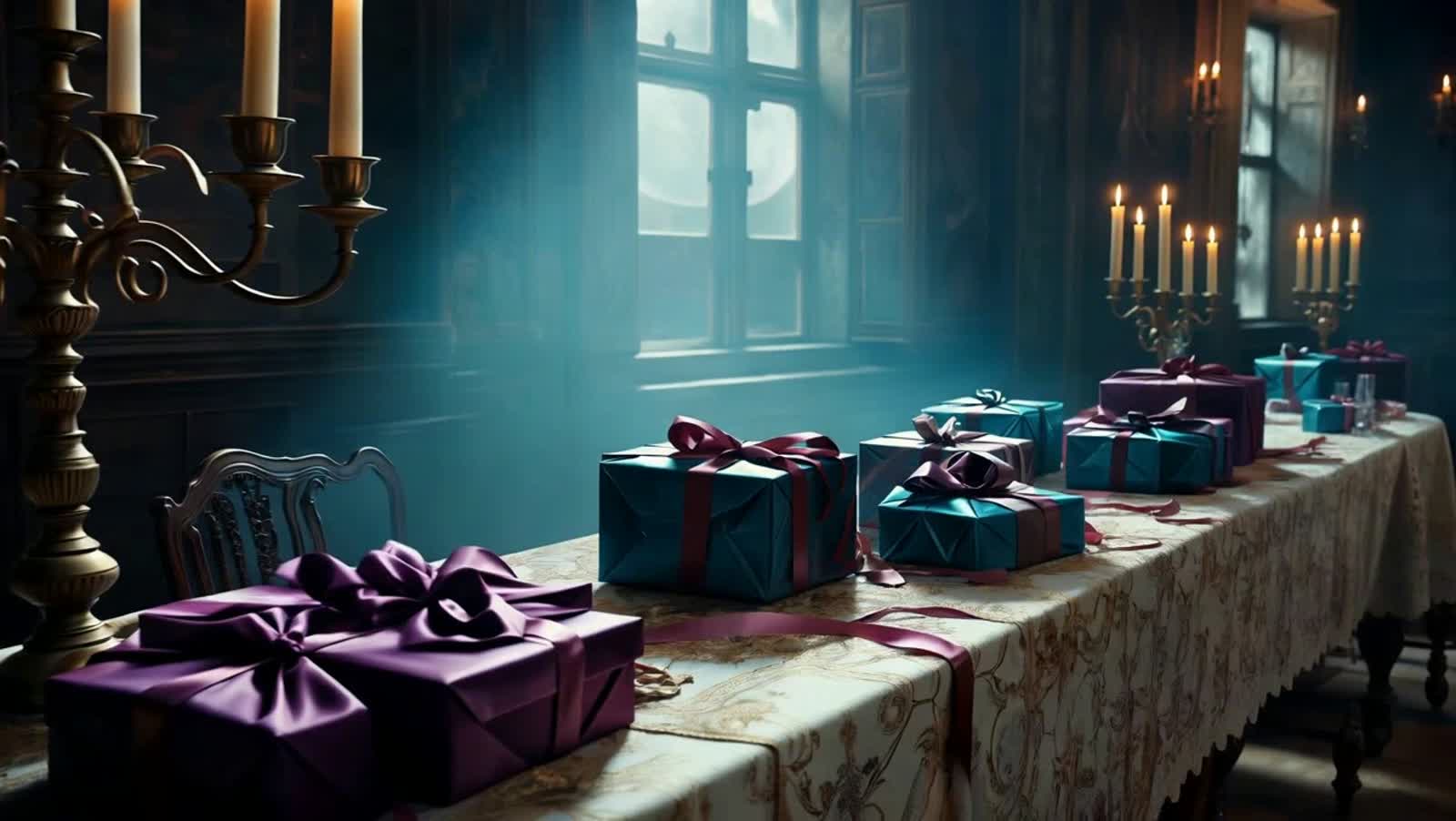 A long banquet table sits in a crumbling ballroom, covered in unopened presents wrapped in faded velvet. One box tremble...