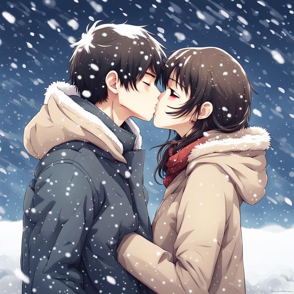 Girl and boy kissing while it's snowing