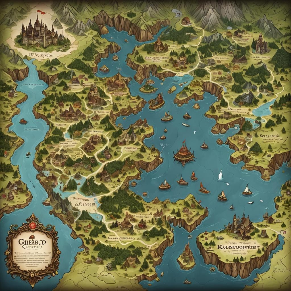  Q world map of kingdoms and towns and caves and lakes to discover for adventures 
