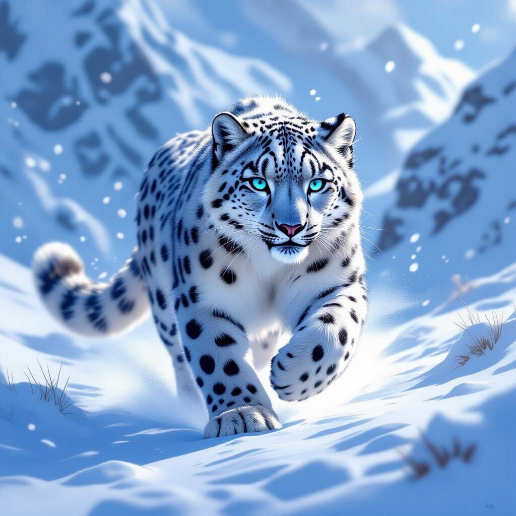 Snow Leopard Shimmers Across Icy Landscape
