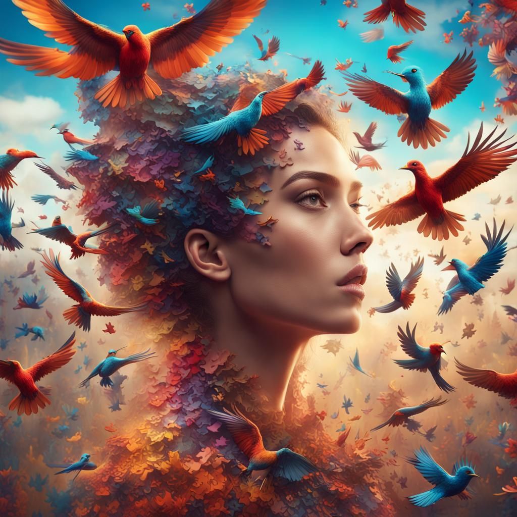 An imaginative scene where puzzle pieces transform into colo...