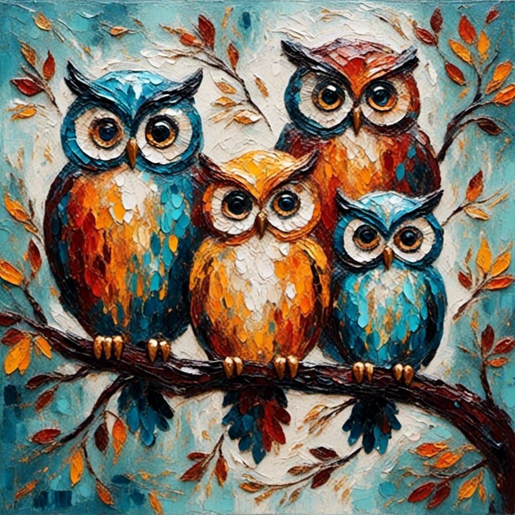 <lora:Textured-Impasto:1.0> 3 cute colorful fluffy owls sitting on a branch.