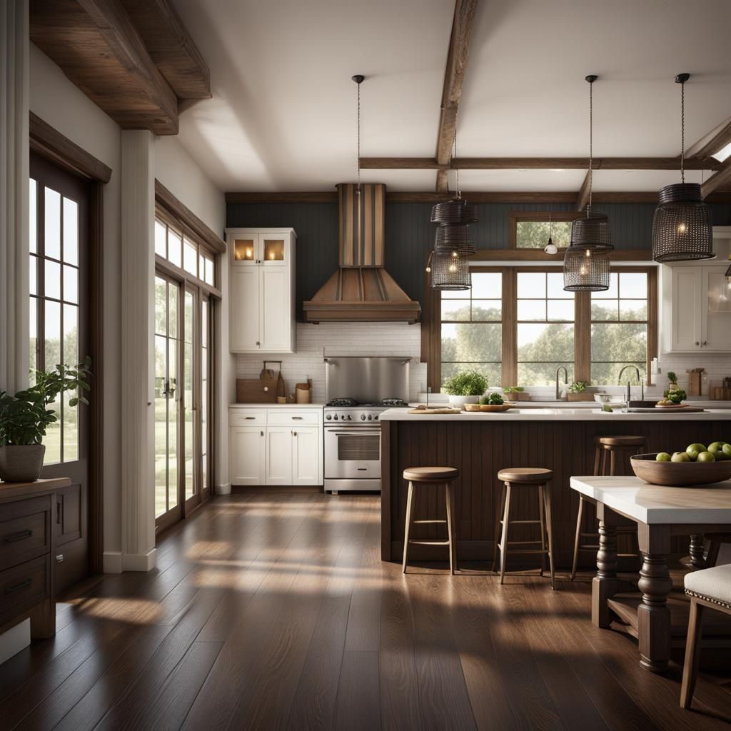 Interior of a modern farmhouse with dark brown, wood floors ...