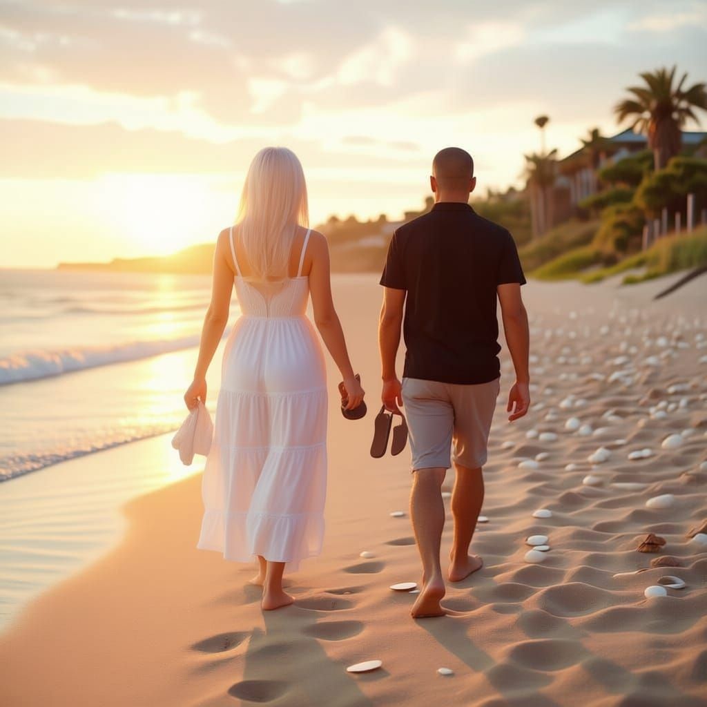 <lora:Ink Poet:1.0> A photo of A tranquil beach scene with a happy married bi racial couple (man is Carmel colored skin tone, black hair, ag...