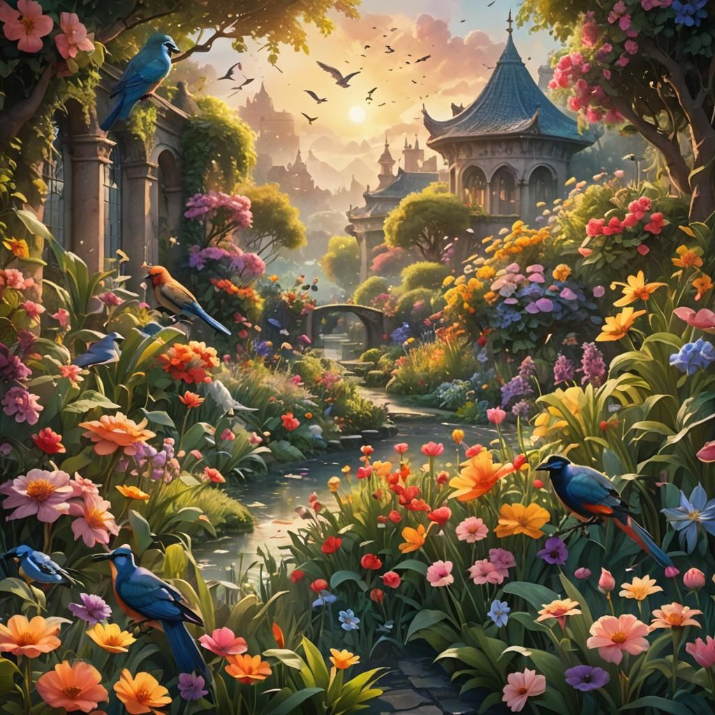 Lush Garden with Colorful Birds in Watercolor Style