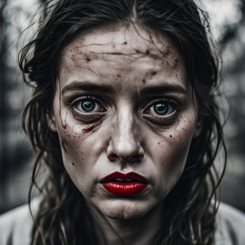 Crying girl with frickles and nice big eyes and red lips