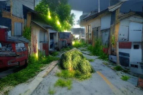 overgrown town street hyperrealism volumetric lighting 8k re...